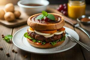 ein Hamburger mit Gemüse und Soße auf ein Weiß Platte. KI-generiert foto