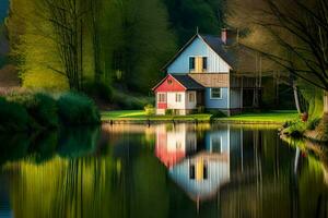 ein Haus ist reflektiert im das Wasser in der Nähe von ein Wald. KI-generiert foto