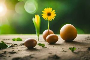 Eier und ein Blume auf ein sonnig Tag. KI-generiert foto