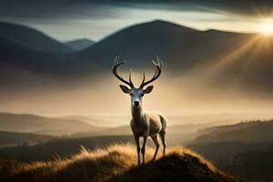 ein Hirsch steht auf ein Hügel im Vorderseite von ein Berg. KI-generiert foto