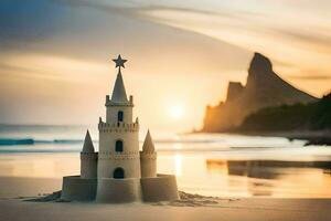 Sand Schloss auf das Strand beim Sonnenuntergang. KI-generiert foto