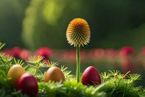 Foto Hintergrund das Blumen, Gras, Eier, Blumen, das Blumen, das Blumen, das Blumen. KI-generiert