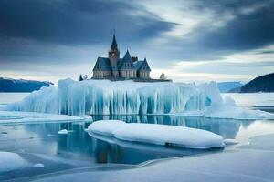 Eisberge im das Ozean mit ein Schloss im das Hintergrund. KI-generiert foto