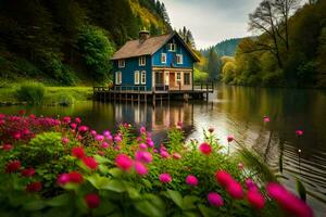 ein Blau Haus sitzt auf ein Dock umgeben durch Blumen. KI-generiert foto