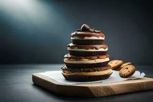 ein Stapel von Cupcakes auf ein hölzern Tafel. KI-generiert foto