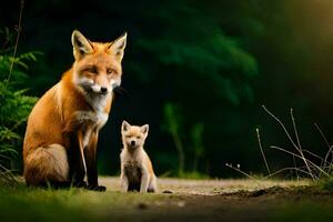 ein Fuchs und ihr Jungen sind Sitzung auf das Boden. KI-generiert foto