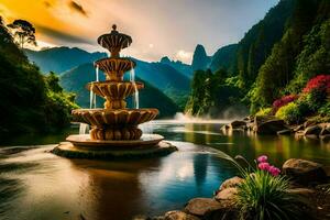 schön Landschaft mit Brunnen im das Mitte von ein Fluss. KI-generiert foto