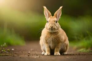 ein Hase Sitzung auf das Boden im das Mitte von ein Feld. KI-generiert foto