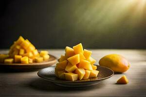 ein Teller von geschnitten Mangos auf ein hölzern Tisch. KI-generiert foto