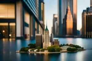 ein Miniatur Stadt im das Mitte von ein See. KI-generiert foto