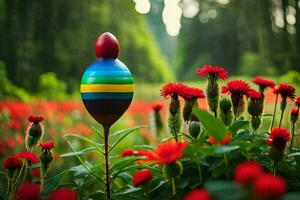 ein bunt hölzern Spielzeug im ein Feld von rot Blumen. KI-generiert foto