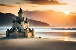 ein Schloss auf das Strand beim Sonnenuntergang. KI-generiert foto