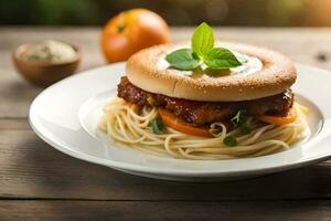 ein Sandwich mit Spaghetti und Fleisch auf ein Platte. KI-generiert foto