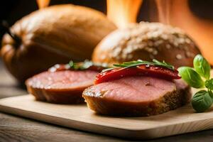 ein Stück von Fleisch auf ein Schneiden Tafel mit Brot. KI-generiert foto