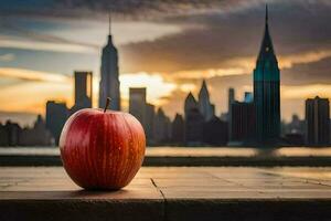 ein Apfel sitzt auf ein Tabelle im Vorderseite von ein Stadt Horizont. KI-generiert foto