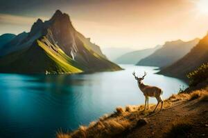 das Hirsch ist Stehen auf das Kante von ein Cliff mit Blick auf ein See. KI-generiert foto