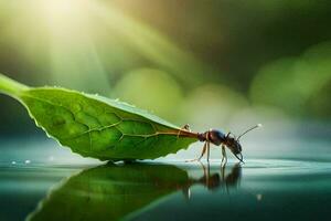 ein klein Ameise ist Stehen auf ein Blatt. KI-generiert foto