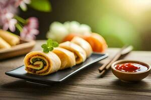 ein Teller mit ein rollen von Essen und Essstäbchen. KI-generiert foto