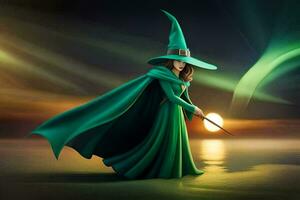 ein Frau im Grün Kleid halten ein Zauberstab. KI-generiert foto