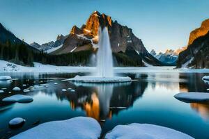 ein Brunnen im das Schnee mit Berge im das Hintergrund. KI-generiert foto