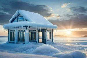 Foto Hintergrund das Himmel, Schnee, Haus, das Sonne, das Meer, das See, Die. KI-generiert