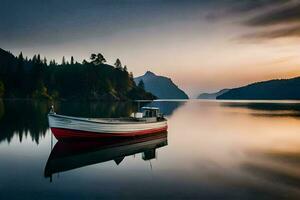 ein Boot sitzt auf das Ruhe Wasser beim Sonnenuntergang. KI-generiert foto