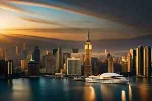 das Stadt Horizont beim Sonnenuntergang mit ein Kreuzfahrt Schiff im das Wasser. KI-generiert foto