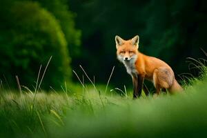 ein Fuchs ist Stehen im das Gras im Vorderseite von ein Wald. KI-generiert foto