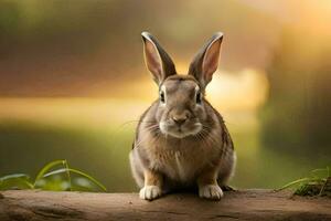 ein Hase ist Sitzung auf ein Log im Vorderseite von ein See. KI-generiert foto