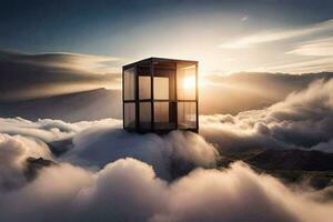 ein klein Box Sitzung auf oben von ein Berg mit Wolken. KI-generiert foto