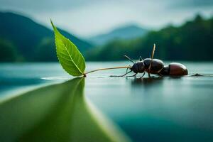 ein Käfer auf ein Blatt im das Wasser. KI-generiert foto