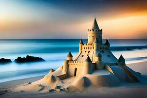 ein Sand Schloss auf das Strand beim Sonnenuntergang. KI-generiert foto