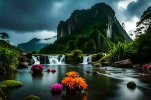 Blumen im das Wasser mit Wasserfall und Berge. KI-generiert foto