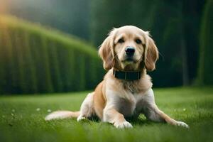 ein golden Retriever Hund Sitzung auf das Gras. KI-generiert foto