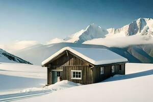 ein klein Kabine sitzt im das Schnee in der Nähe von Berge. KI-generiert foto