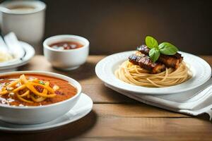 ein Teller von Spaghetti und Fleischklößchen auf ein hölzern Tisch. KI-generiert foto