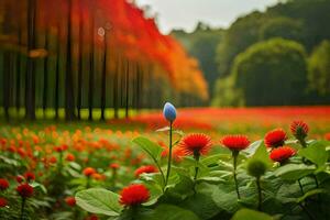 ein Blume steht allein im ein Feld von rot Blumen. KI-generiert foto