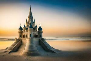 ein Schloss auf das Strand beim Sonnenuntergang. KI-generiert foto