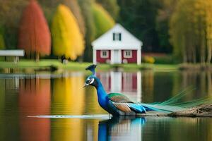 ein Pfau steht auf ein Log im ein See mit Bäume im das Hintergrund. KI-generiert foto