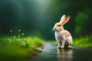 ein Hase Sitzung auf das Boden im das Mitte von ein Feld. KI-generiert foto