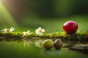 Foto Hintergrund das Himmel, Gras, Blumen, Wasser, das Sonne, das Mond, das grün. KI-generiert