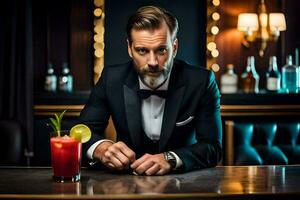 ein Mann im ein Smoking ist Sitzung beim ein Bar mit ein Cocktail. KI-generiert foto