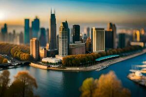 ein Stadt Horizont ist gesehen von über ein Fluss. KI-generiert foto