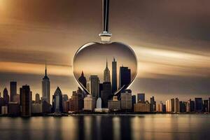 ein Herz geformt Glas mit ein Stadt Horizont im das Hintergrund. KI-generiert foto