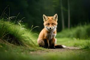 ein Fuchs Sitzung auf das Boden im das Mitte von ein Feld. KI-generiert foto