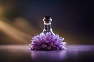 ein Flasche von Parfüm mit ein lila Blume auf oben. KI-generiert foto