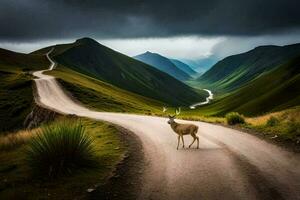 ein Hirsch steht auf das Straße im Vorderseite von Berge. KI-generiert foto