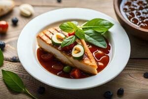 ein Stück von gegrillt Fisch mit Tomate Soße und Basilikum. KI-generiert foto