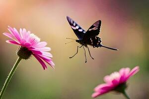 ein Schmetterling ist fliegend Über Rosa Blumen. KI-generiert foto