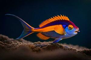 ein bunt Fisch mit Orange und Blau Flossen. KI-generiert foto